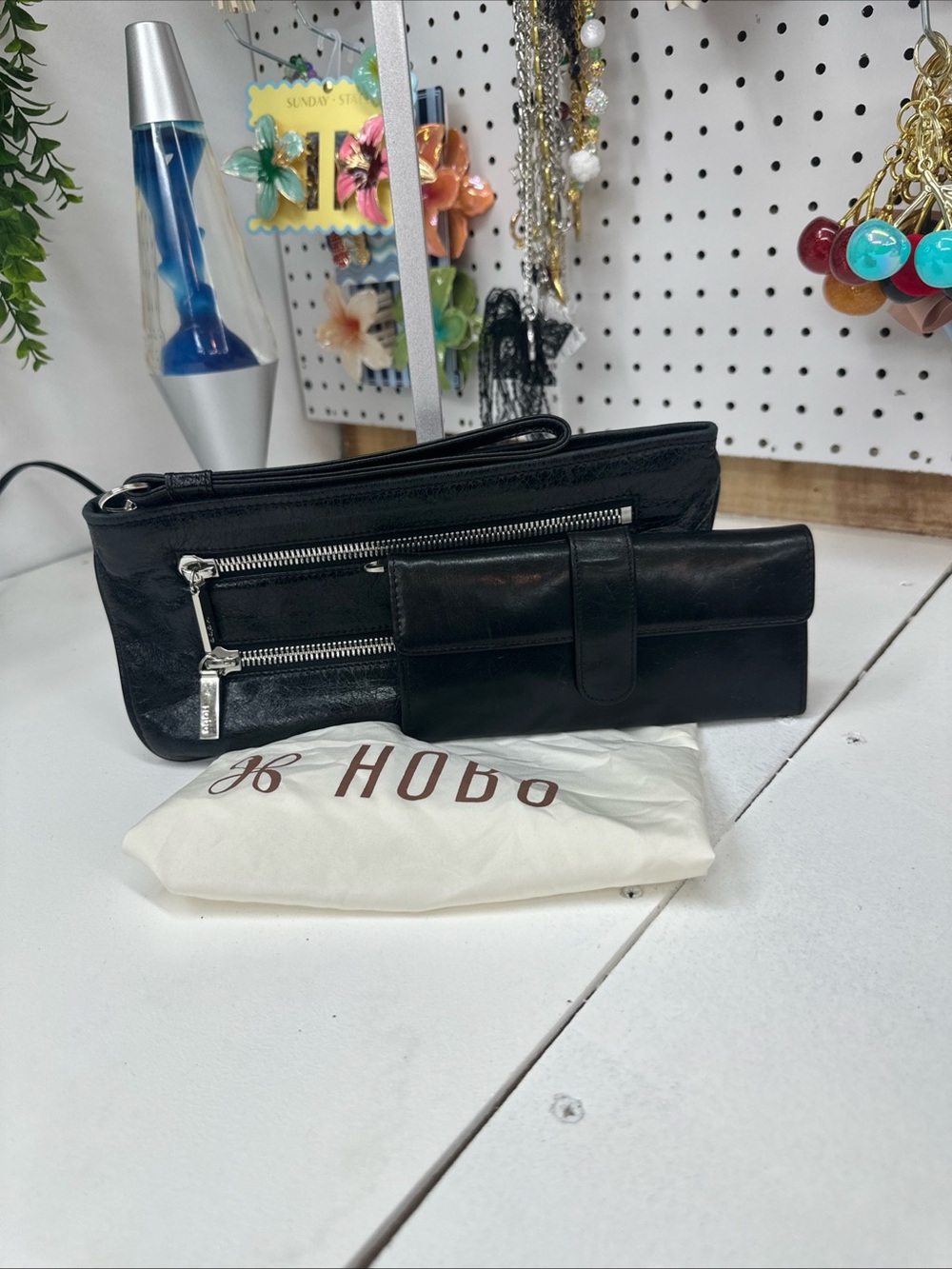 Black Leather Hobo International Clutch Wristlet Purse 14” X  7.5”/ With Wallet